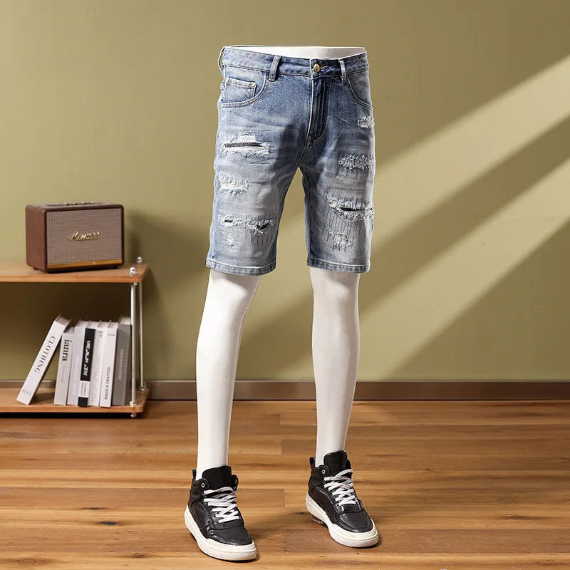 European and American summer light blue patchwork distressed denim shorts with slim fit elastic patches and ripped pants jean
