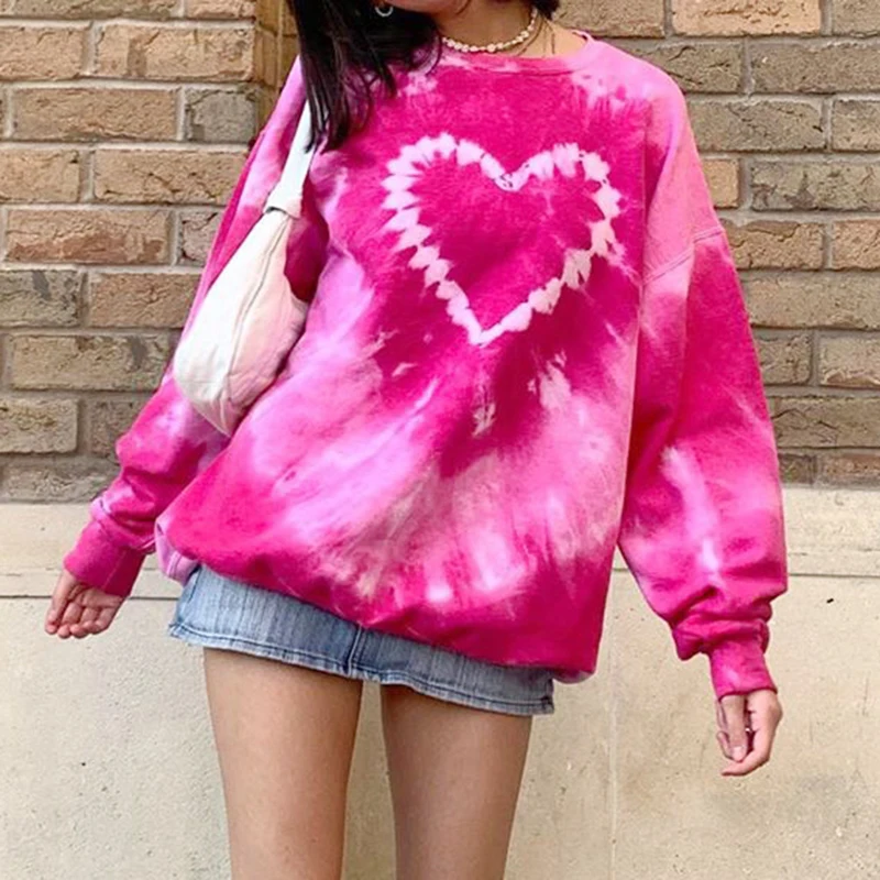 

Y2K Aesthetics Pink Oversized Sweatshirts Women 2021 E-Girl Tie Dye Heart Pattern Crewneck Long Sleeve Tops Autumn Pullovers