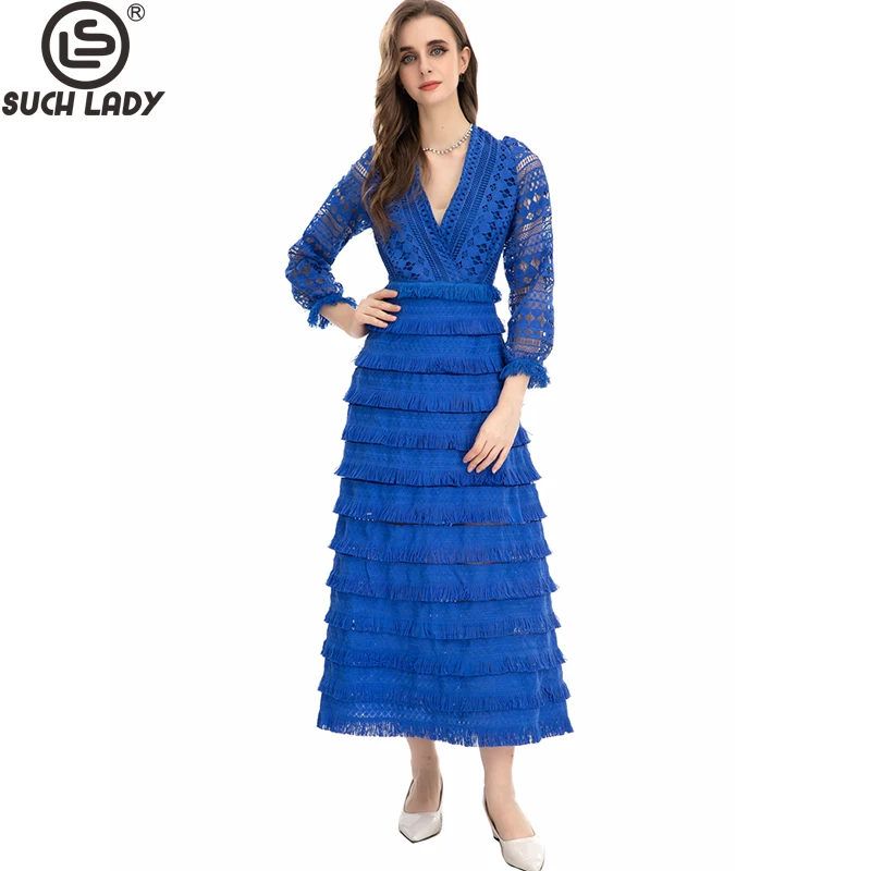 

Women's Runway Dresses V Neck Long Sleeves Embroidery Lace Tiered Ruffles Elegant Fashion Designer Party Prom Gown