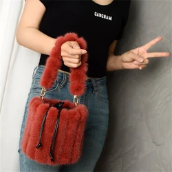 Luxury Real Fur Women's Shoulder Bag Mink Fur Round Bucket Bag With Drawstring Closure Design Large Capacity Fur Handbag
