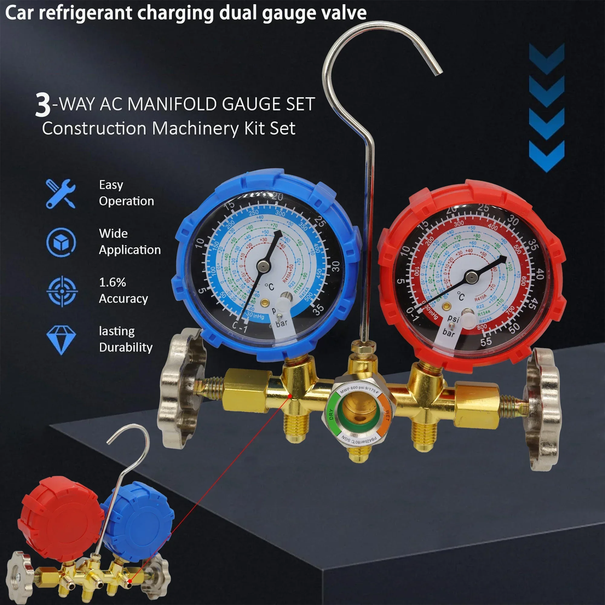 Refrigerant Manifold Meter Kit for automotive air conditioning charging of R410A, R22, R134a, R404A refrigerants