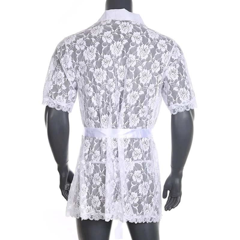 Men's Sexy Short Ssee-Through Porno Lace Bathrobe Transparent Sex Erotic BDSM Pajamas Thong Hot Suit Home Wear Clothing