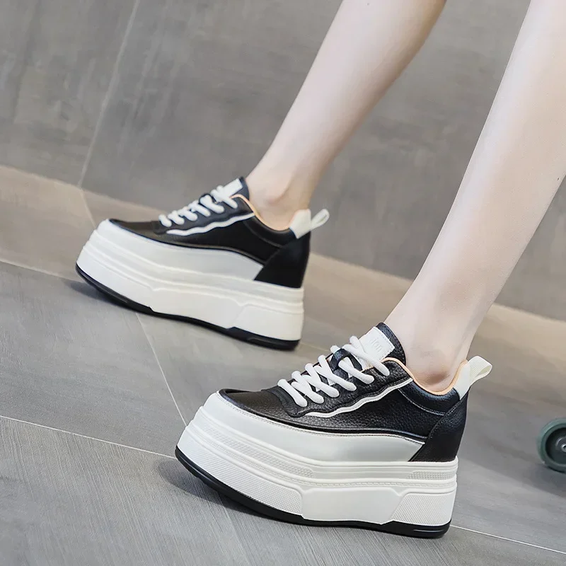 Genuine Leather Flats Casual Sneakers Women 2024 New Chunky Platform Sports Shoes Ladies High Heels Designer Tennis Thick Bottom 6
