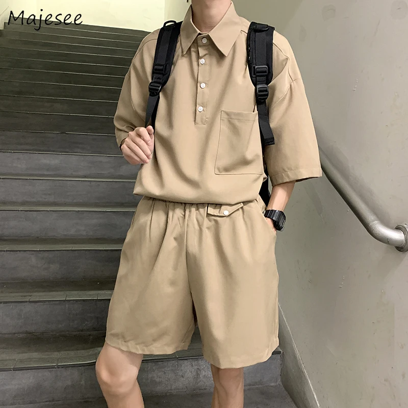 

Men Sets Summer Gentle College Shorts Pure Color T-shirts Handsome Streetwear Fashion Popular Preppy Style Harajuku BF Casual