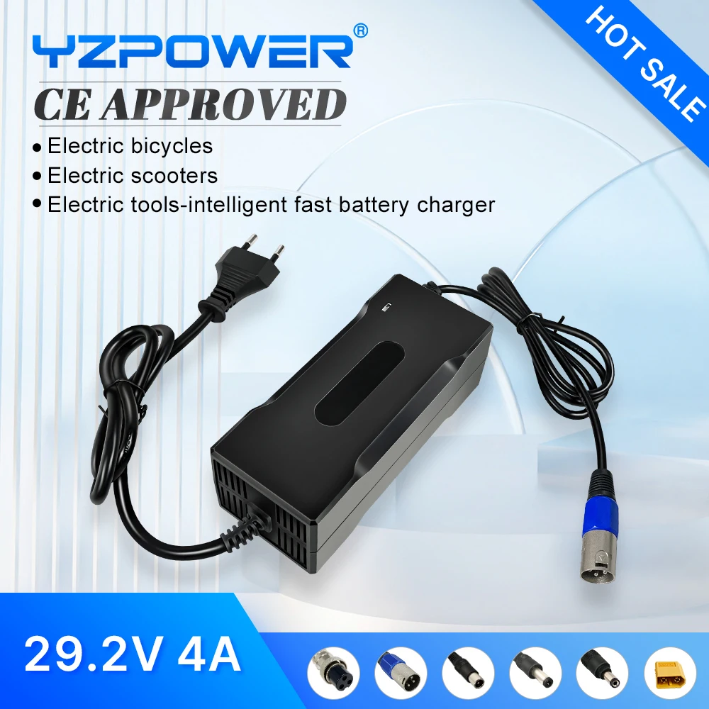 

YZPOWER 29.2V 4A lifepo4lithium charger fast smart adapter 24V 8S lifepo4lithium battery pack universal with cooling fan