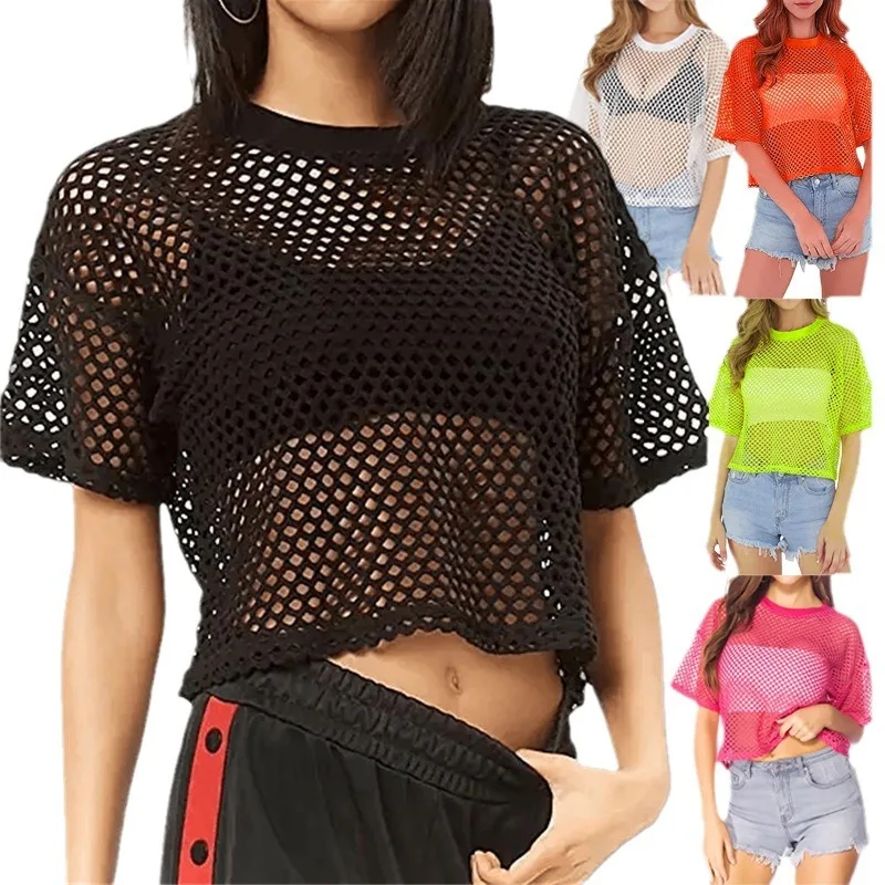 Black Cropped Fishnet Tee Top Short Sleeve O Neck Sexy Loose Fit