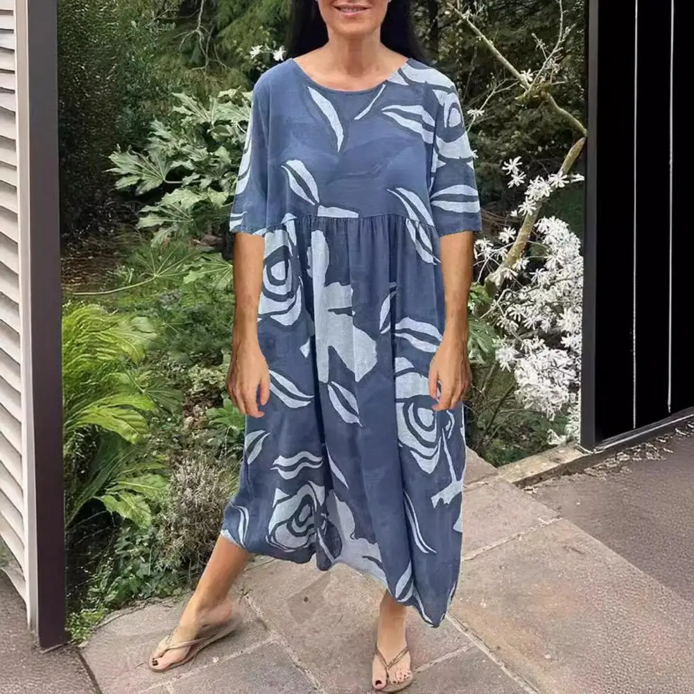 A-line Dress Stylish Women's Patchwork Midi Dress Loose A-line Pleated Print O Neck Mid Sleeves For Wear Women Colorblock Print