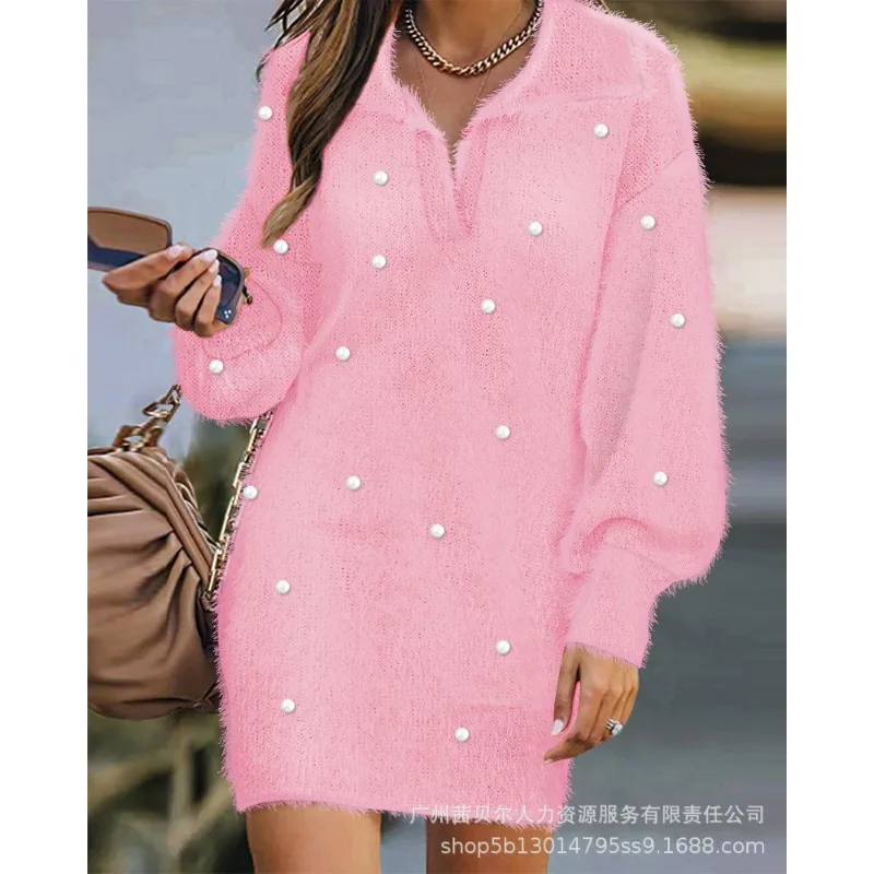

Autumn New Plush Dress Women's Fashion Solid Color Loose Embroidered Flares Dress Women's Casual Long Sleeve V-neck Mini Dress