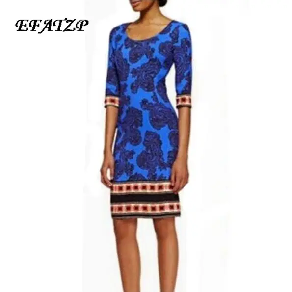 

EFATZP High Street Designer Dress Women's Gorgeous Half Sleeve Geometric Print Knee Length Bodycon Jersey Silk Dresses