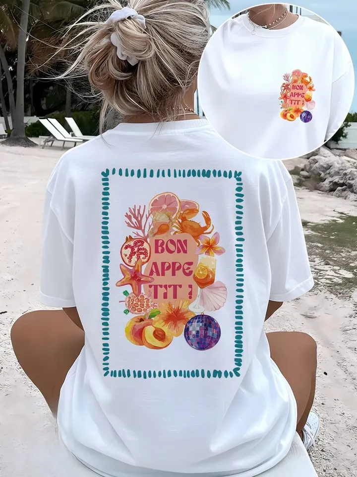 Bon Appetit Graphic T Shirt Women Summer Beach Vacation Tropical Print Tee Retro Aesthetic Harajuku Style Fashionable Daily Top