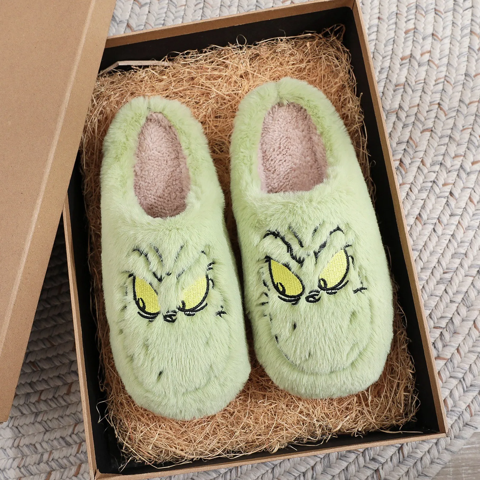 Christmas Plush Slippers Women Winter Warm Cute Home Green Haired Monster Slippers Funny Non Slip Cotten Shoes New Year Gift 2