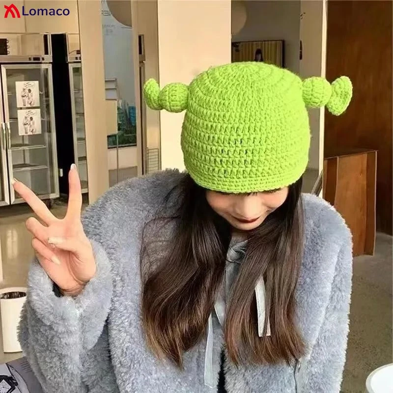 Winter Hats For Women Men Children Balaclava Monster Shrek Wool Hat Creative Funny Trumpet Caps Pure Hand Knitted Cap