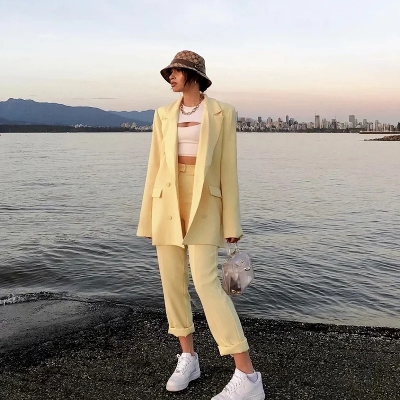 Yellow British Style Blazer 2024 Women Solid Colors Double Breasted Casual Office Blazer Suit New Fashion Work Commute Clothes