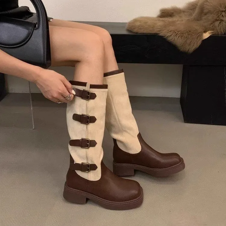 Thick High Heels Women Mid Calf Boots 2024 Hot Punk Gothic Knee High Motorcycles Boots Buckle Comfy Walking Boots Autumn Winter