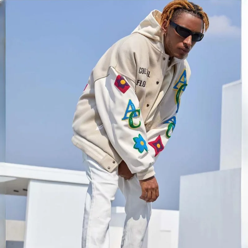 Flower Embroidered Flocking Jacket Men Women Streetwear