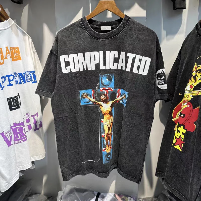 

Очень большая Ретро промытая персонализированная печать Толстая Уличная черная Повседневная Спортивная футболка