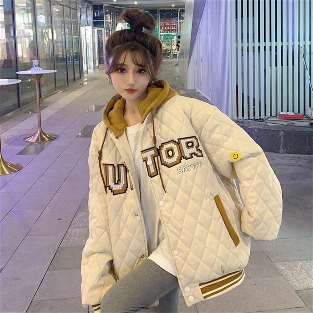 

Embroidered Hooded Cotton Checkered Baseball Jersey Autumn Loose Casul Jacket Women Sweatshirt Zip Up Women Hoodie Streetwear