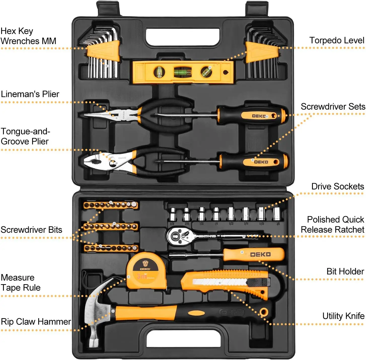 DEKO 65 Pieces Tool Set General Household Hand Tool Kit with Storage Case Plastic ToolBox