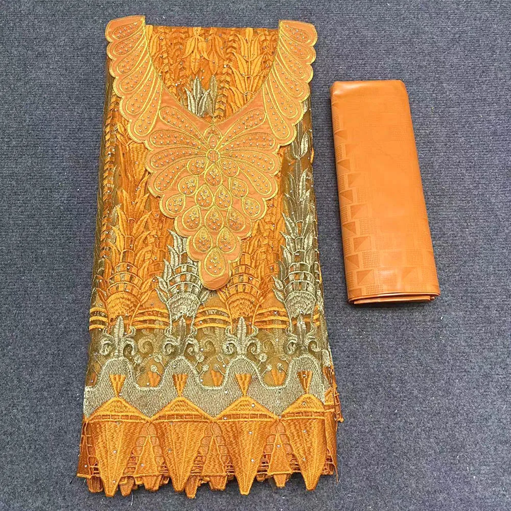 

Latest Orange French Mesh Net Lace Fabric High Quality African Bazin Riche Brode Tulle Fabric 2.5+2.5Yards/Lot For Wedding Dress