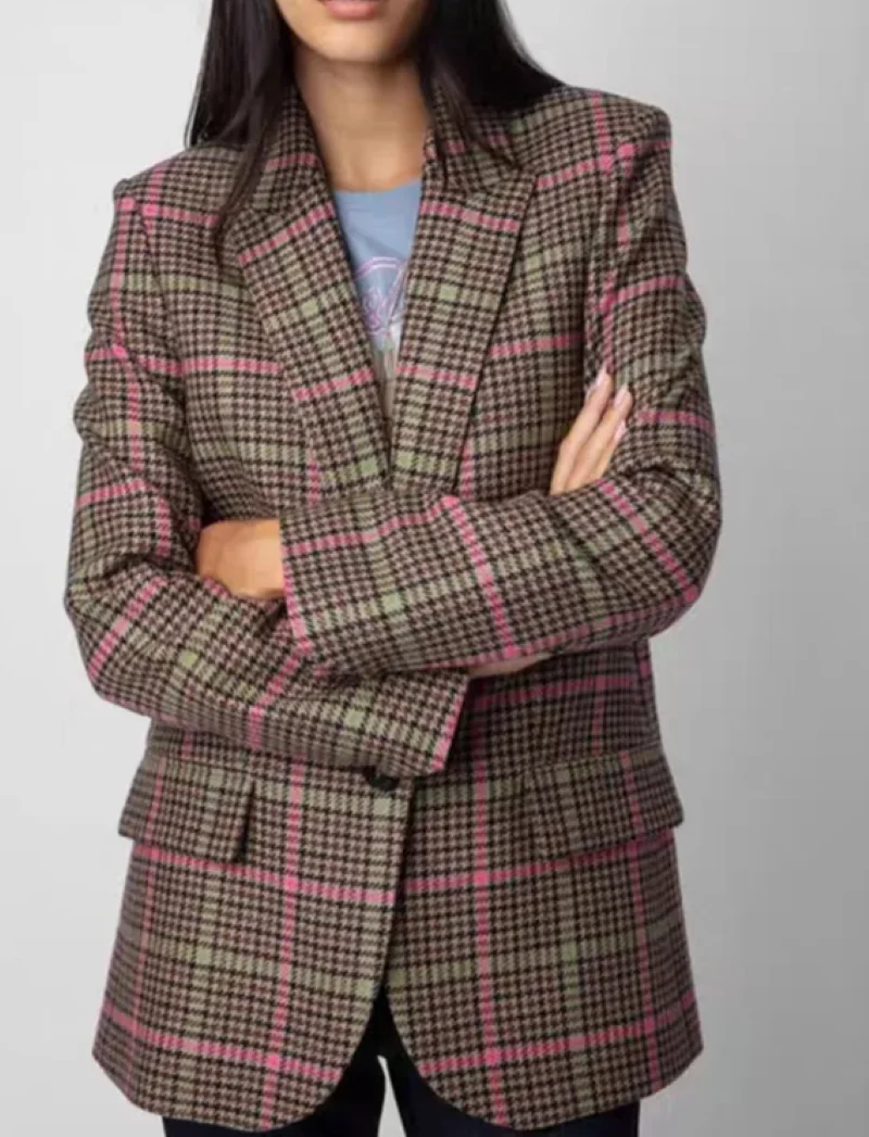 

Women's Blazer Plaid Notched Single Button Long Sleeve Vintage Autumn Winter Suit