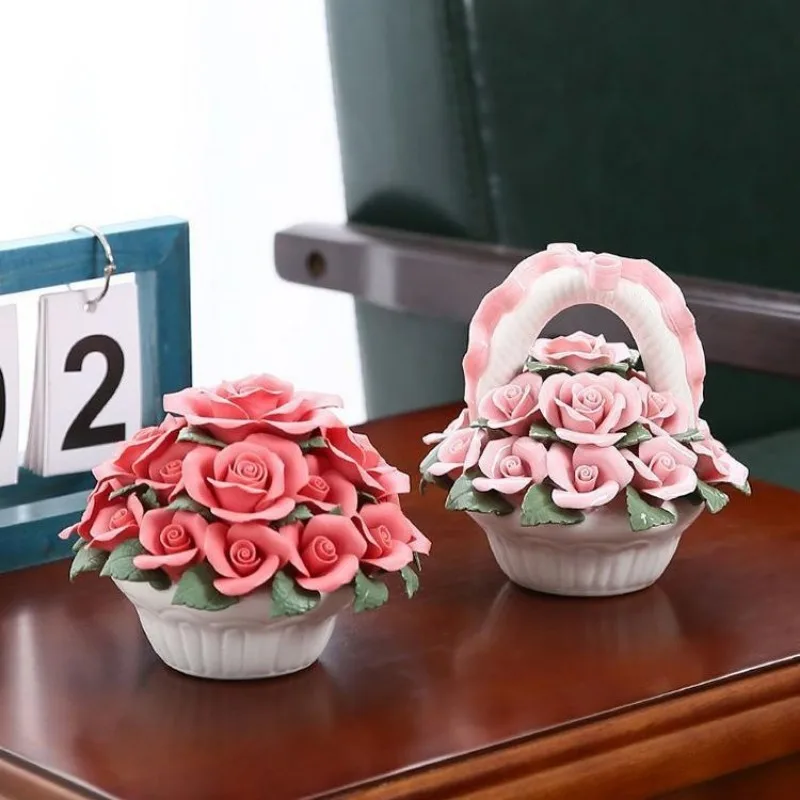 Keramik Blumen Ornament Kawaii Simulation Blumenkorb Ornamente handgemachte Mini Blumenkorb Home Decor Büro Schreibtisch Dekoration – Detail 4