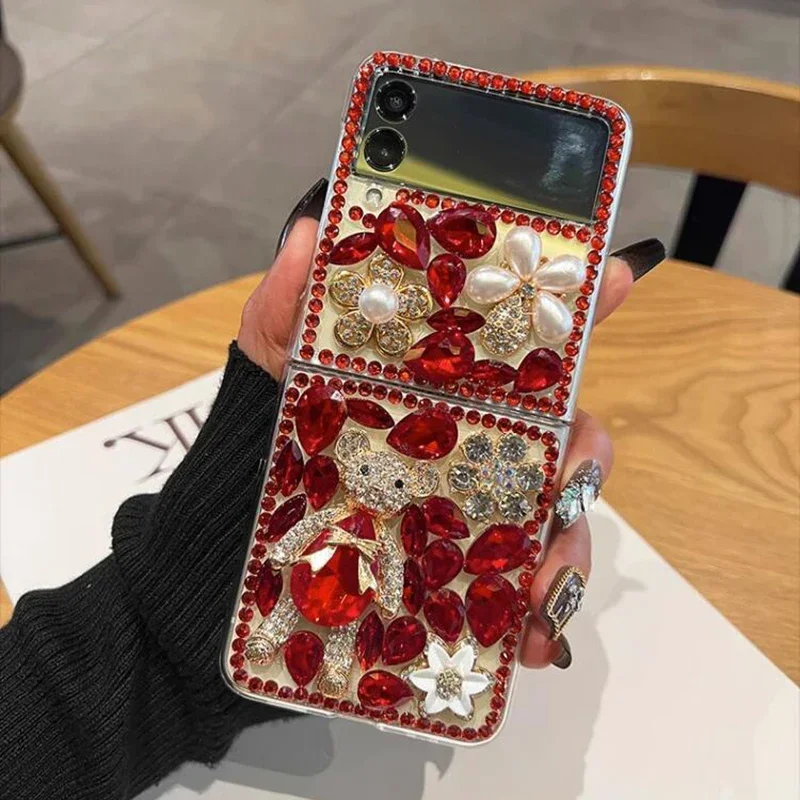 

Роскошный чехол со стразами и милым медведем в бутылке для телефона Samsung Galaxy Z, флип-чехол 1, 2, 4, 3, Модный чехол с жемчужинами, бриллиантами, цветами, влюбленными кисточками