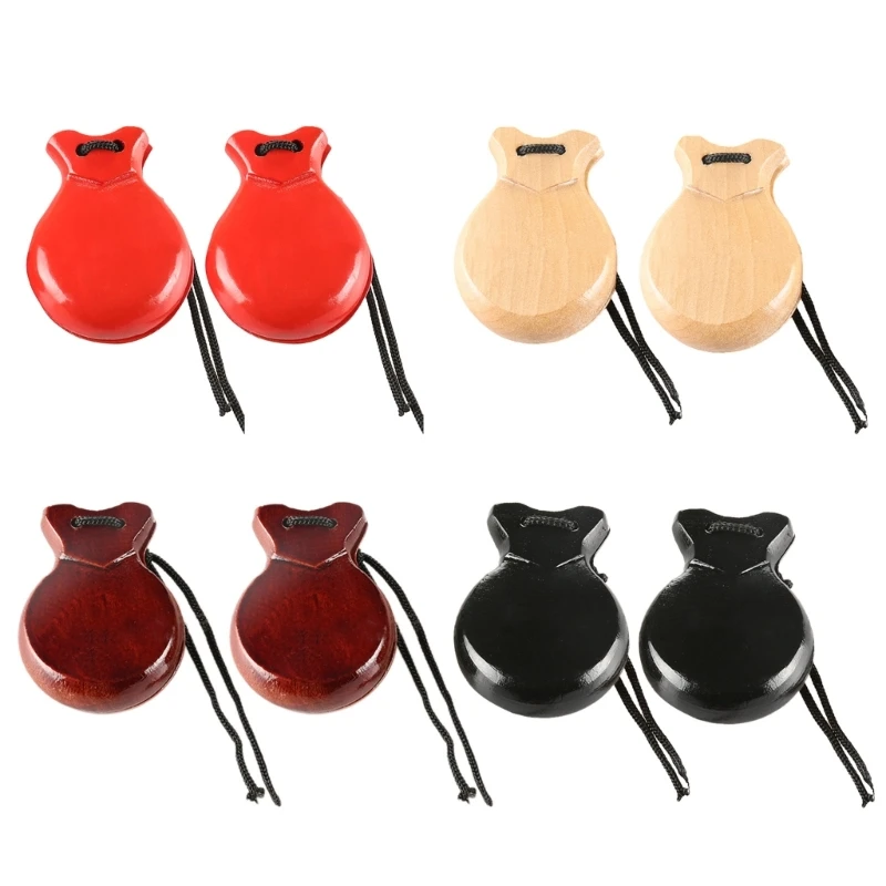 2 Pcs Traditional Flamenco Castanets Spanish Castanets with String Wooden Hand Percussion Music Instrument for Beginner