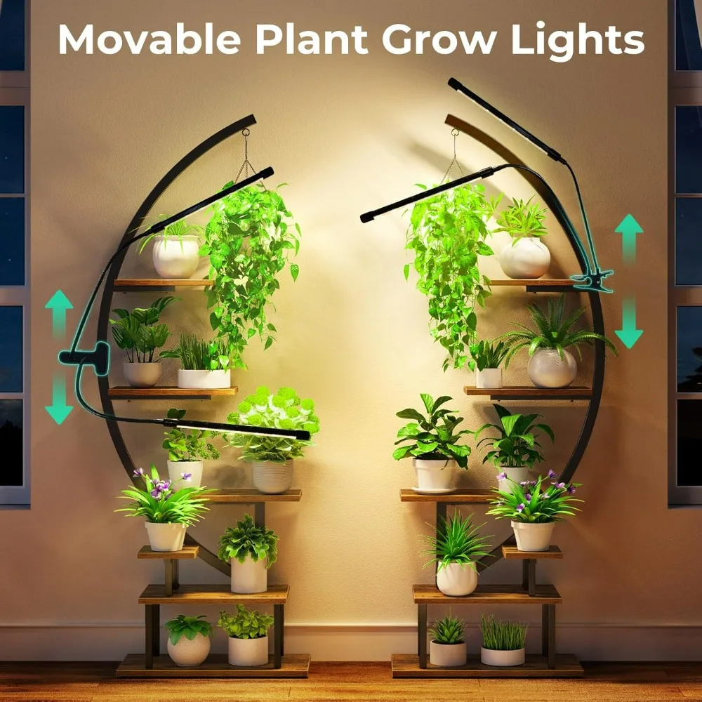 with Grow Lights,Half Moon 7Tiered Metal Plant Shelf,Multiple Tier Curved Ladder Flower Pot Stand Display Rack for Indoor 2 Pack