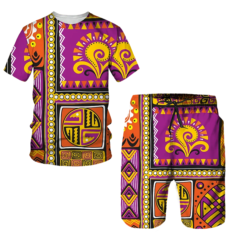 Men's African Style Summer Tracksuit Ethnic Totem Print T-Shirt Shorts Set Casual Clothing Vintage Oversized Fashion Outfits