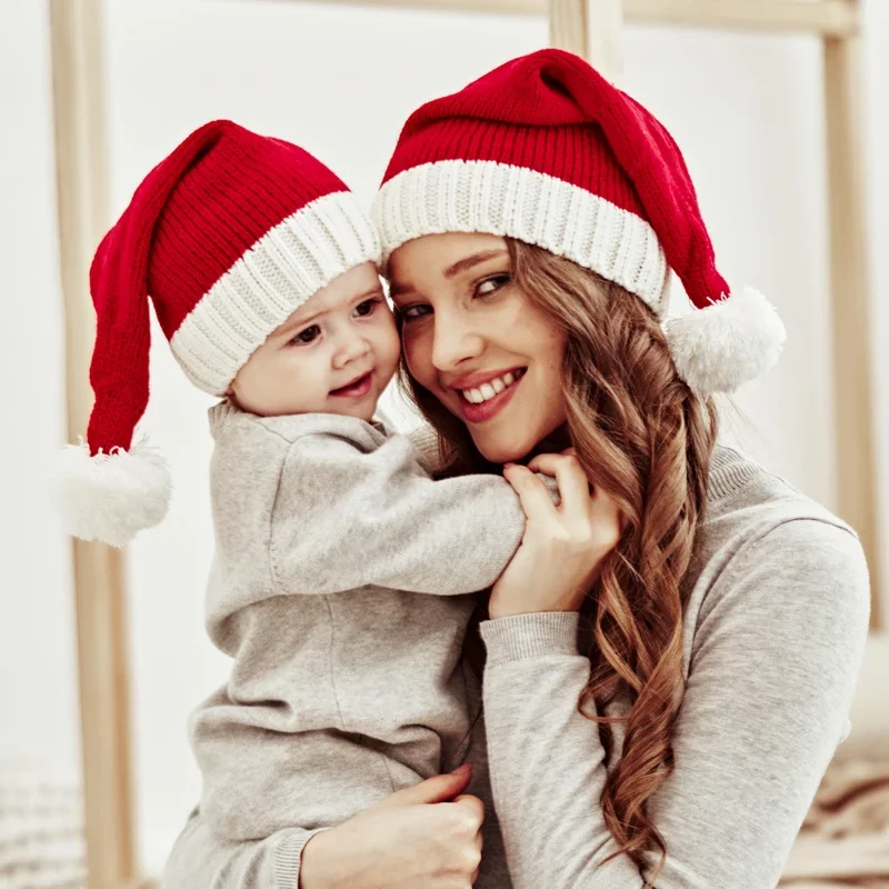 Cute Pompom Kids Girl Boy Beanie Cap Christmas Parent-Child Hat Solid Color Warm Crochet Mom Baby Bonnet Hat for Children