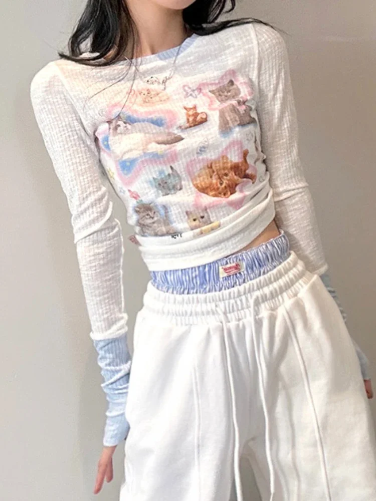 

ADAgirl Kawaii Cat Print T-shirts Patchwork Long Sleeve Kitten Tees Y2k Cropped Tops for Women Harajuku Japan Cutecore Clothes