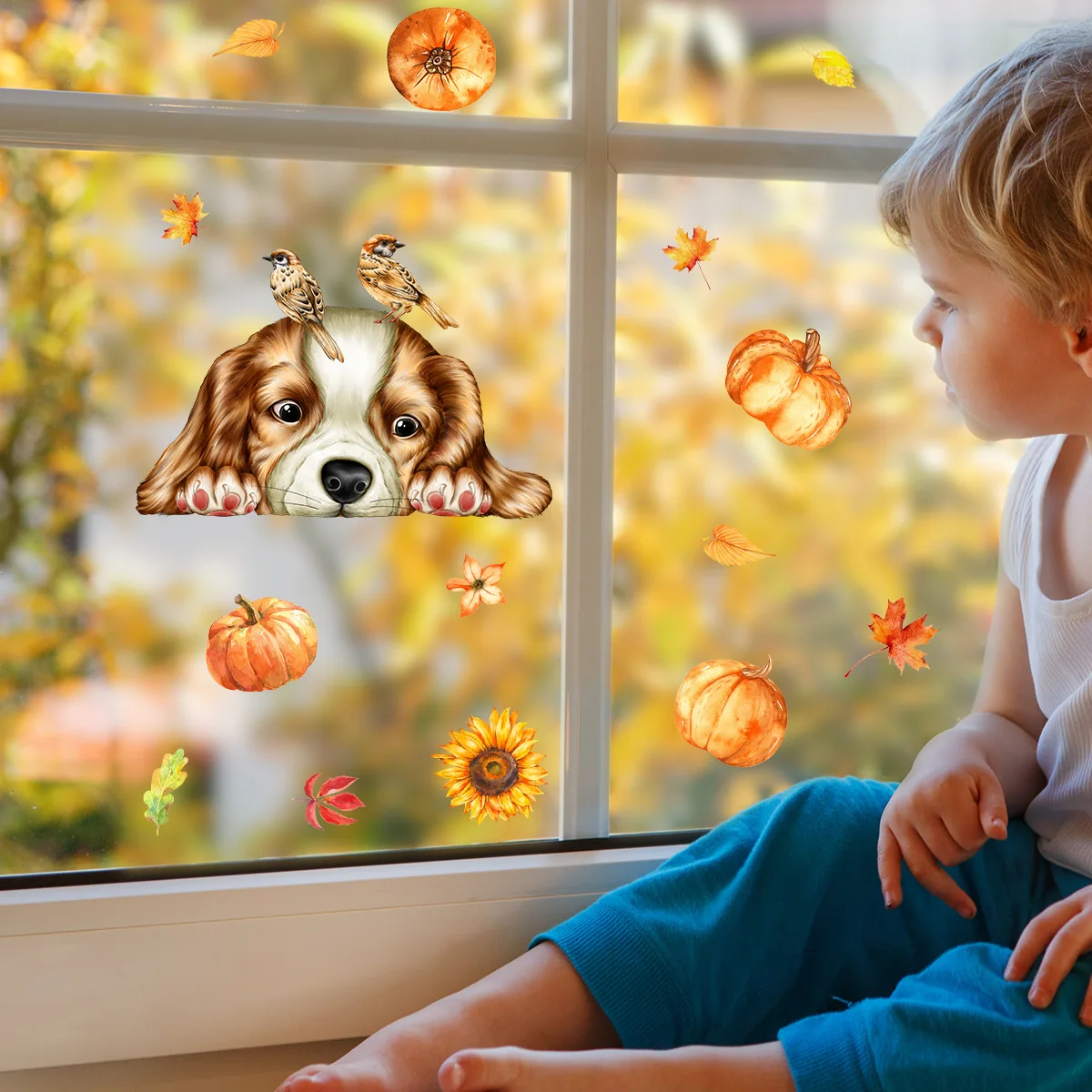 30*35cm Pumpkin Cartoon Animal Puppy Window Sticker Autumn Glass Window Decorative Double-sided Visual Wall Sticker Ct3029 double sided magnetic glass window cleaner household cleaning tool automatic drainage wiper glass window cleaner