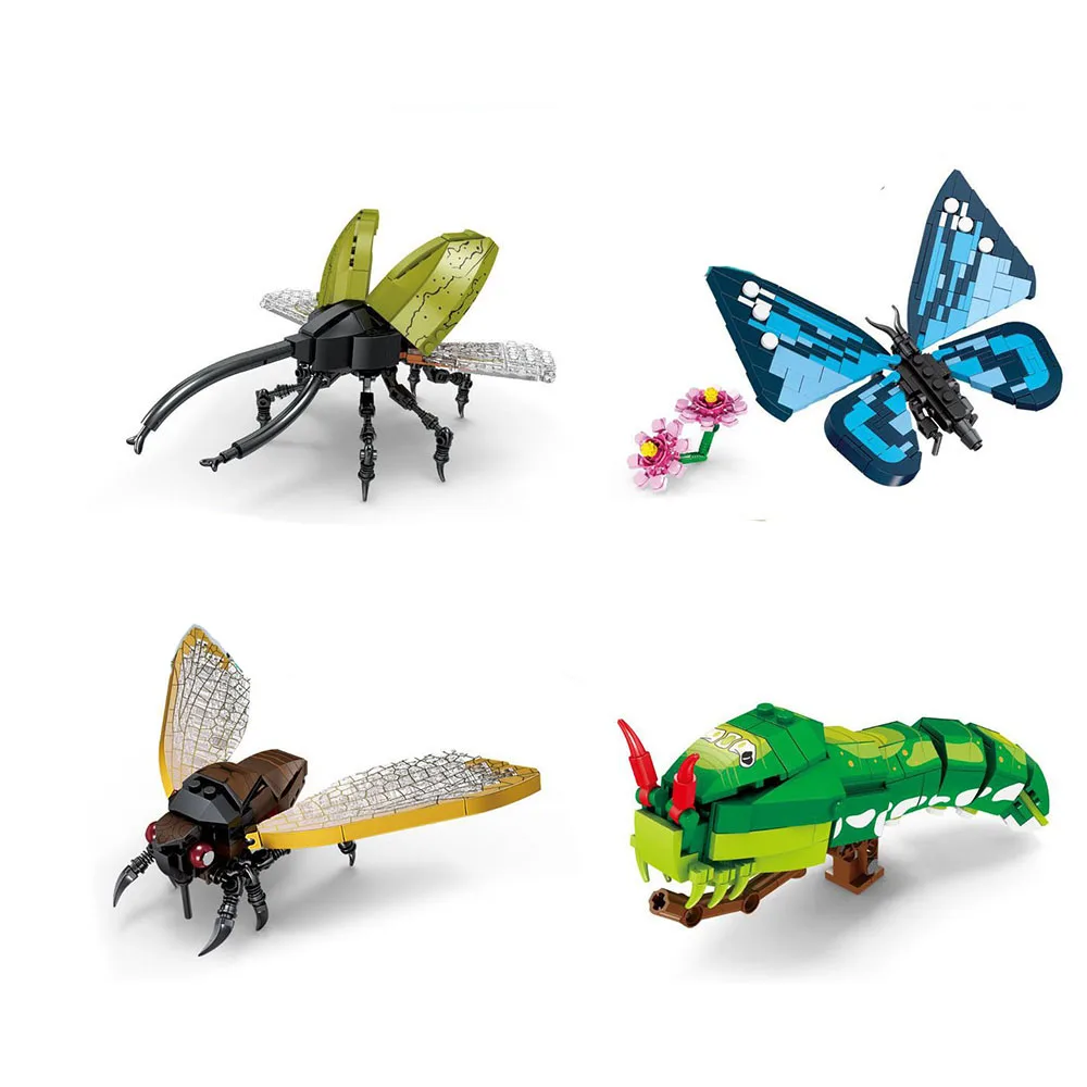 

4Pcs Mini Insect Block DIY MOC Allomyrina Cicada Caterpillar Butterfly Building Brick Toys For Boy Girl Kids