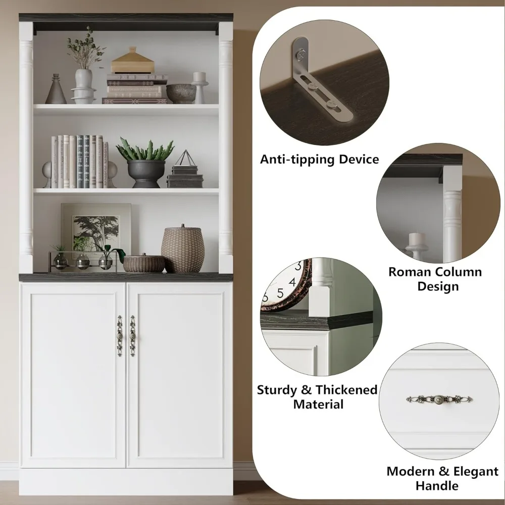 Bookcase with Doors, 71 inch Tall Bookshelf with Storage Cabinet, Floor Standing Wood Bookcase with Adjustable Shelves, 4