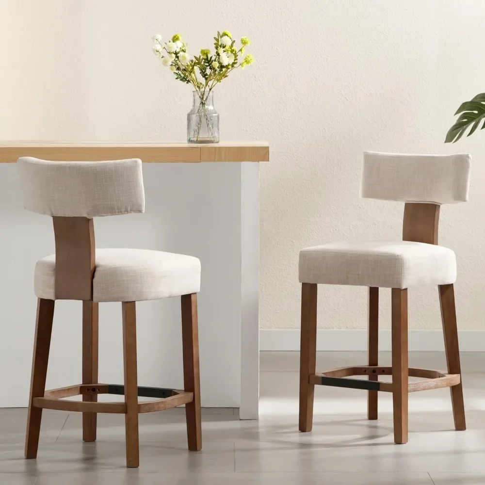 26&rdquo; Set of 2 Modern Kitchen Bar Stools with Back and Solid Wood Legs, Farmhouse Upholstered Island Stools Countertop Bar Chairs