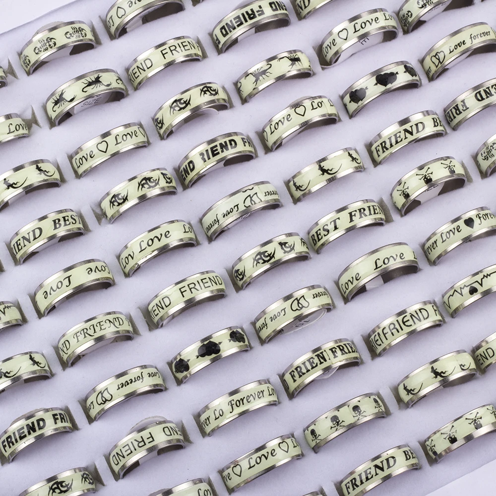 100 Pcs/lot Luminous Stainless Steel Rings Glow in the dark Men Women Party Jewelry Wholesale Lot 6