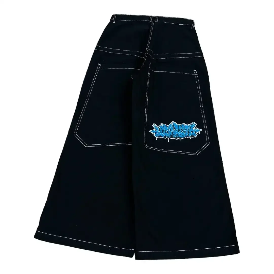 Vintage 2000s Cargo Black Pants Men Women Hip Hop Embroidered Y2k Baggy Jeans Streetwear Harajuku High Waist Wide Trouser 4