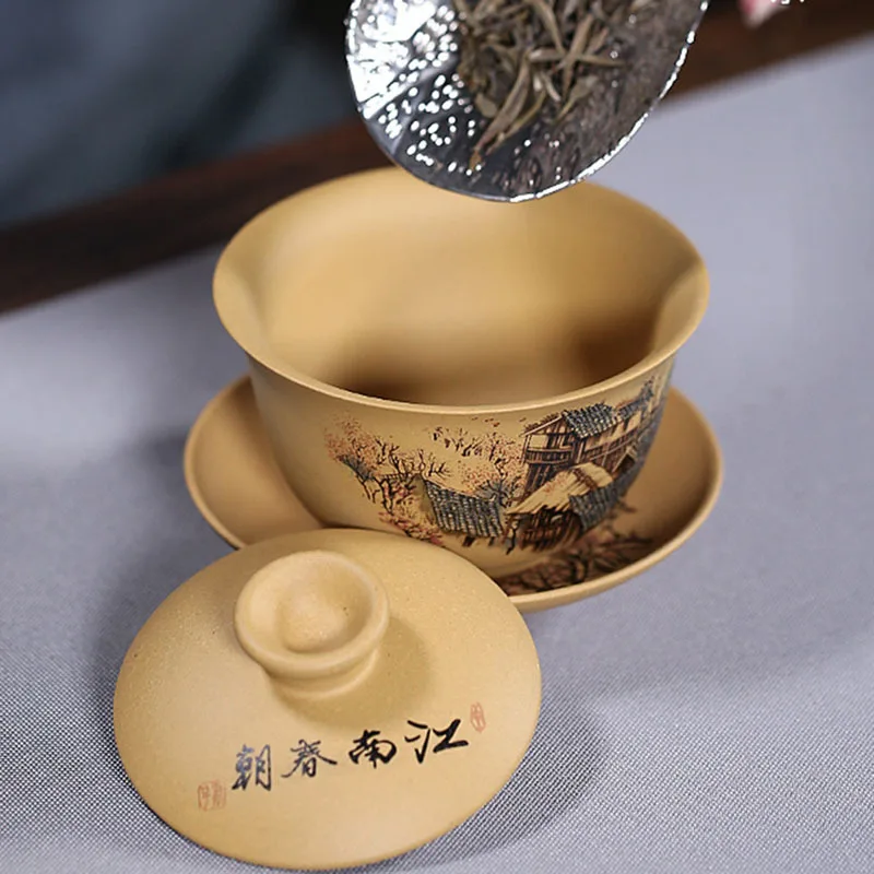 150ml Classic Chinese Raw Ore Old Duan Mud Hand Painted Jiangnan Landscape Purple Clay Sancai Gaiwan Kungfu Tea Bowl Drinkware