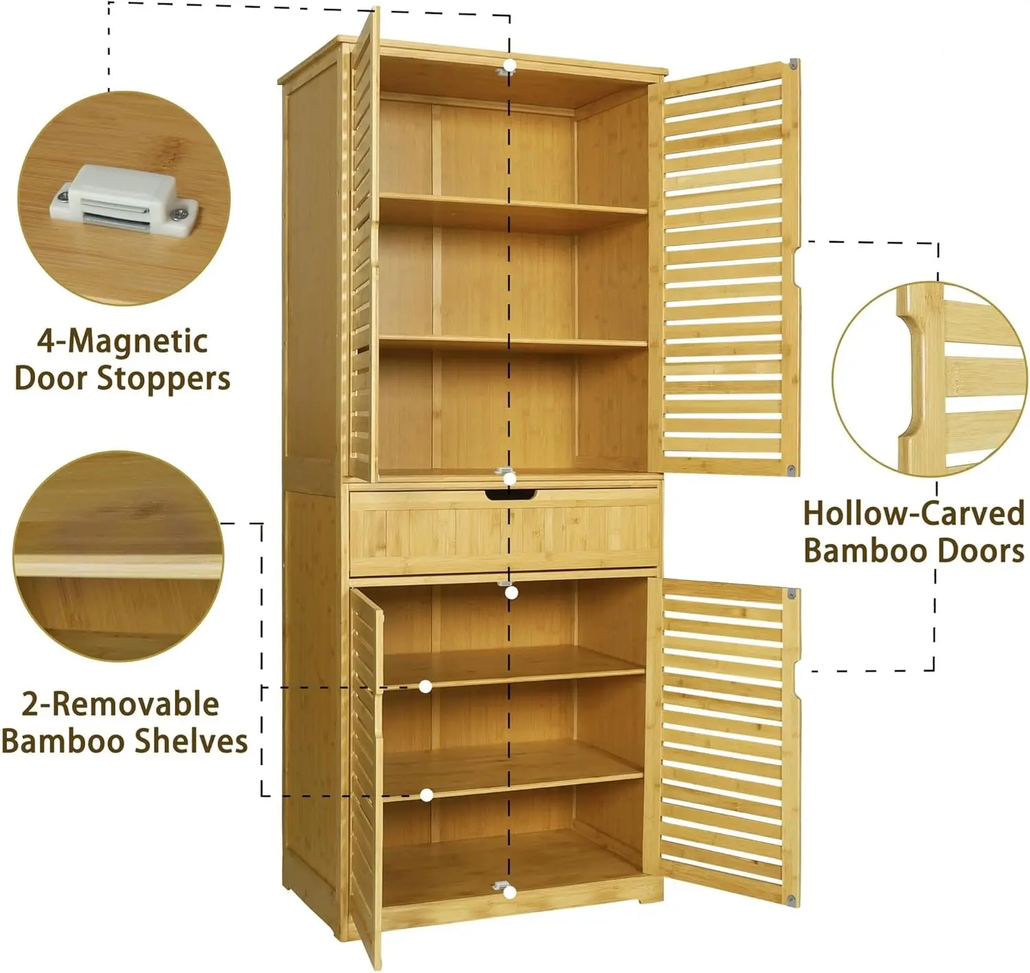 MUPATER Kitchen Pantry Storage Cabinet Microwave Hutch, 72'' Freestanding Bamboo Hutch Cabinet Buffet Cupboard Tall with Drawer