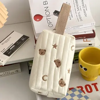 Cute Toiletry Case Embroidery Cosmetic Bag Zipper Cotton Bear Make Up Bag Wrist Organizer Makeup Pouch Women 1