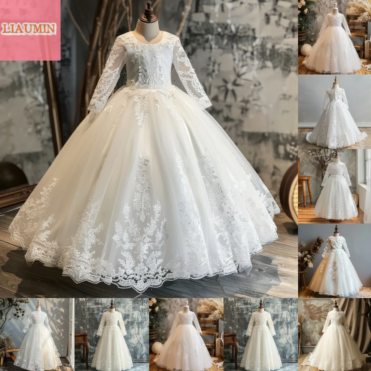 White Floor Length Lace Applique Flower Girl Dresses Brithday Party Princess First Communion Pageant Skirt W8-43