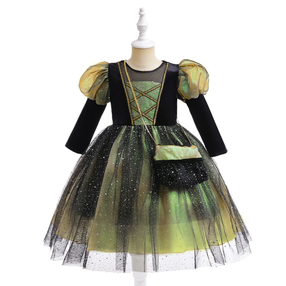 

Halloween Long Sleeves Christmas Cosplay Dresses Children Short Mesh Star Ballgown Birthday Party Clothing