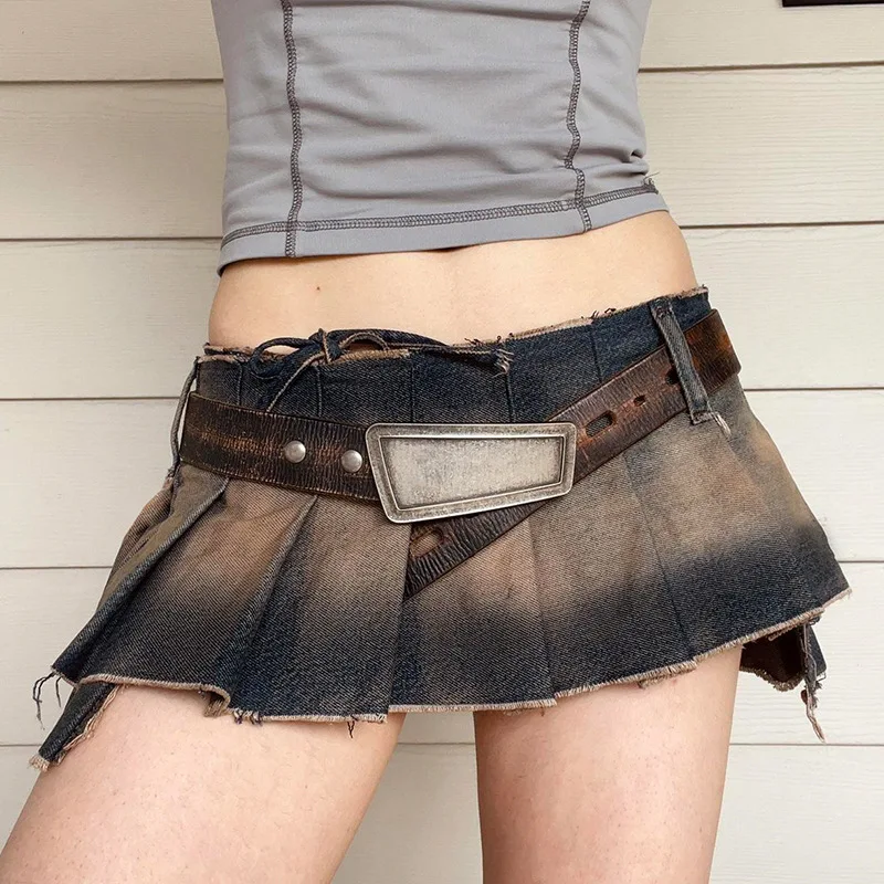 

Women's White Skirt Fashionable All-Match Retro Framed Pleated Street Sexy Lace-up Low Waist a-Line Short American Style Summer