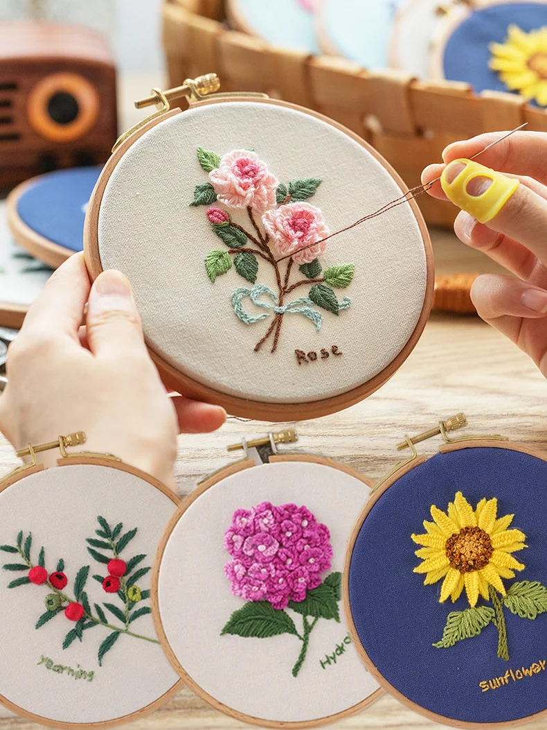 Beginner Embroidery Kit Flowers Pattern Diy Embroidery Full Kits  Embroidered On Clothes Cross Stitch Sewing Embroideri With Hoop