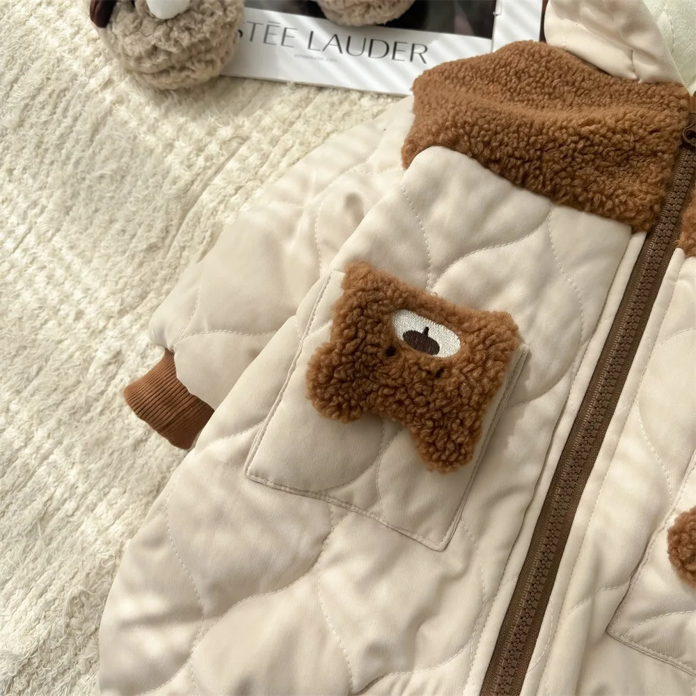 UNIFEMEN Baby Boys Winter Bodysuit Stylish Fleece Color Blocked Teddy Bear Infant Boys Jumpsuit Toddler Hooded Rompers