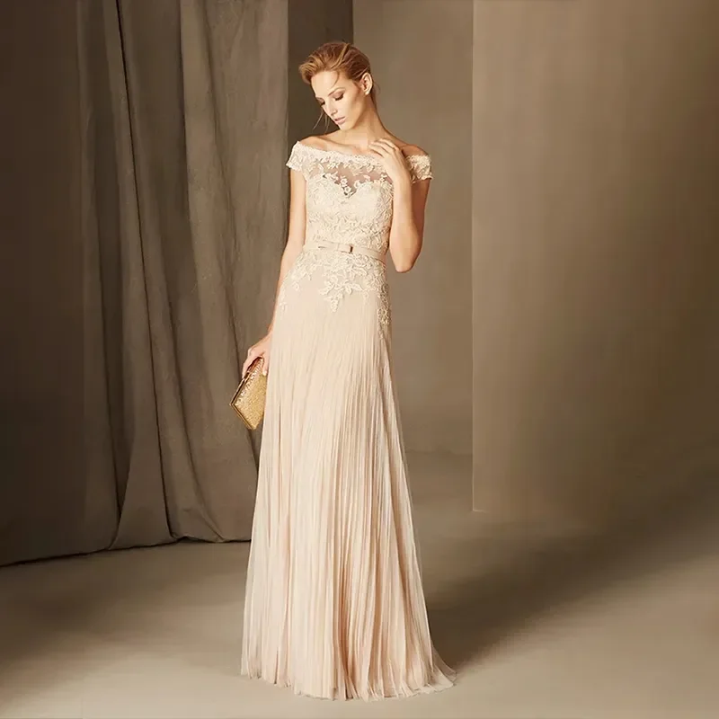 

Ladies elegant one-shoulder tulle decal Champagne A-line floor-length Evening gown Formal occasion Ball Date Evening Gown