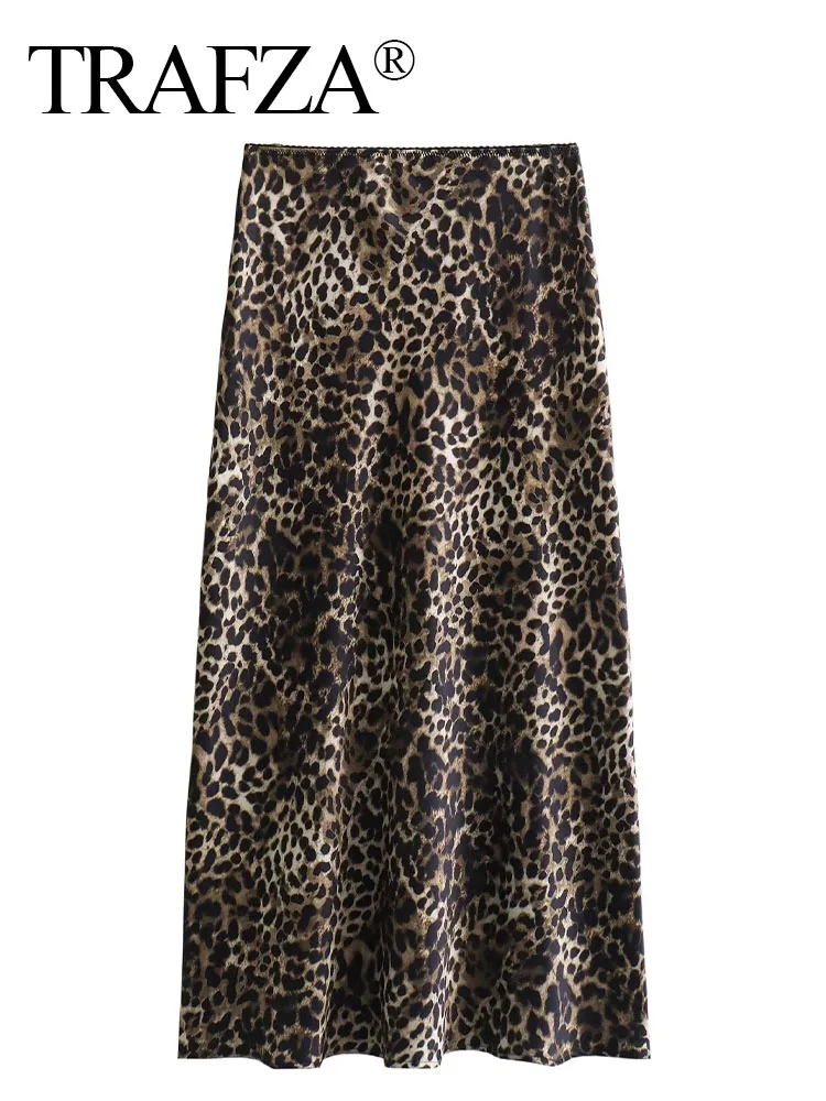 

TRAFZA Female Vintage Animal Striped Printed Silk Texture Slim Midi Skirt High Waist Side Zipper Woman Skirts Streetwear Mujer