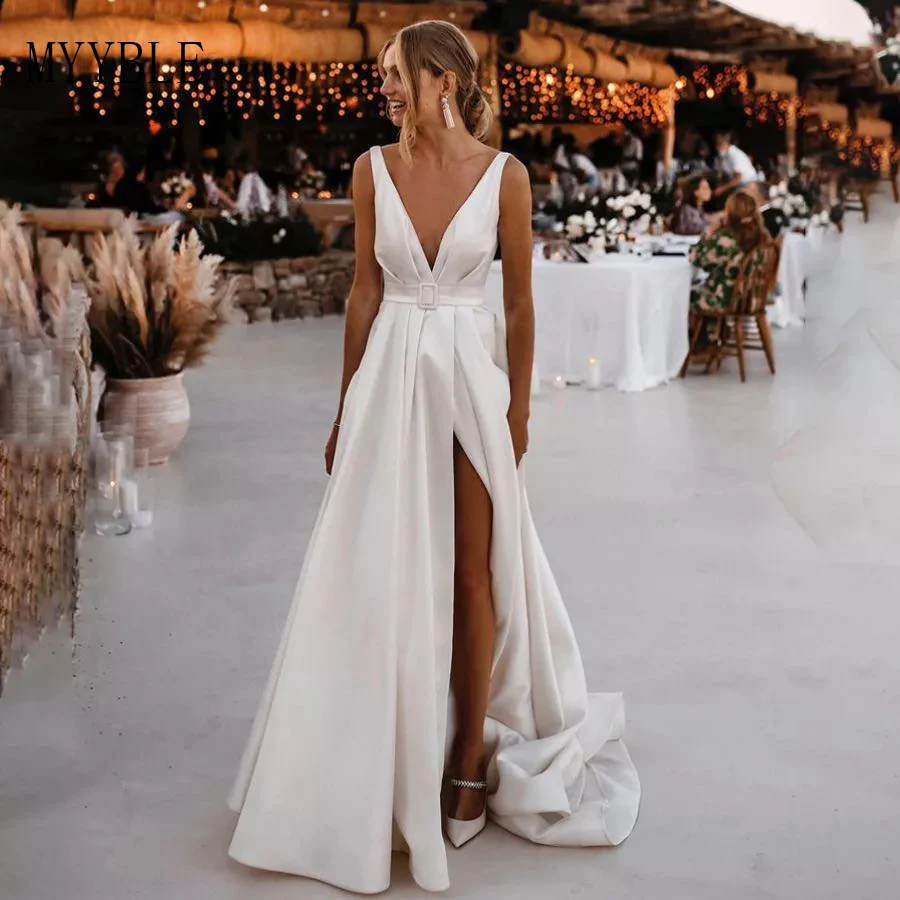 Wedding Dresses MYYBLE Made Sexy Side Slit Satin Bridal Gowns V Neck Open Back A-Line Plus Size Wedding Dresses Bride Dress