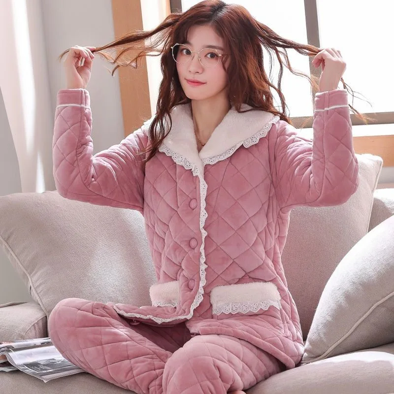 2023 New Coral Fleece Cotton Pajamas Women Autumn Winter Sleepwear Warm Three-layer Thickened Homewear Young Loungewear Set