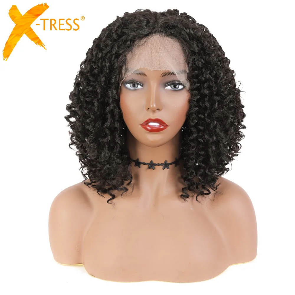 

Kinky Curly Synthetic Lace Front Wigs X-TRESS Short Bob Middle Part Heat Resistant Fiber Darker Brown Lace Wig For Black Women